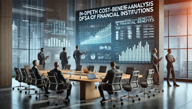Analysts in a boardroom reviewing compliance cost-benefit graphs