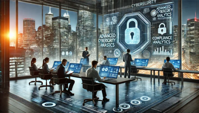 Professionals in DIFC analyzing advanced cybersecurity measures.