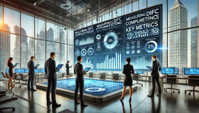 Professionals analyzing key compliance metrics on digital dashboards