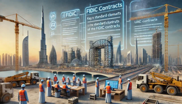 UAE construction site with experts reviewing FIDIC contracts