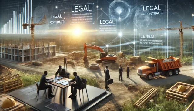 Construction site with legal professionals discussing challenges.