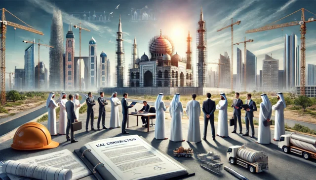 UAE construction site with legal professionals discussing compliance
