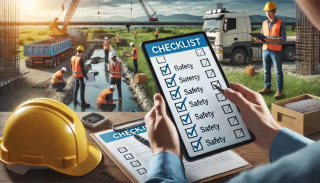 Construction manager with checklist on-site ensuring compliance.