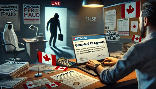 A person in a UAE office realizes they were scammed after paying for a fake Canadian PR offer, with documents and warnings visible.