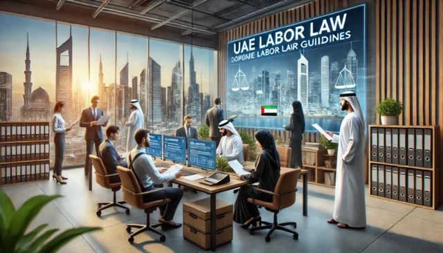 UAE office with professionals reviewing labor law compliance.